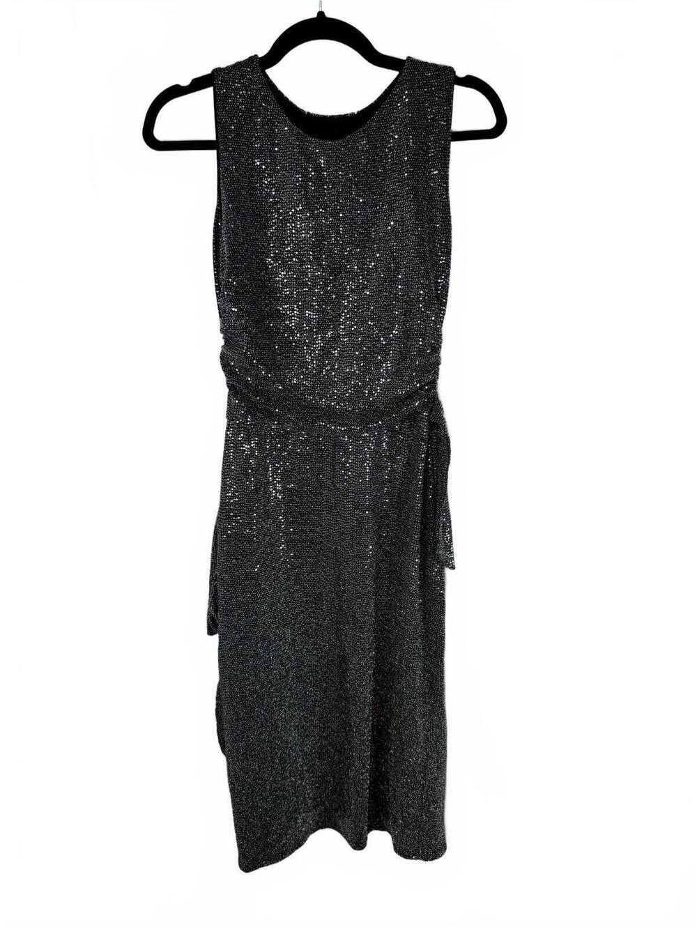 AllSaints Sleeveless Sequin Midi Dress with Waist Tie in Black US Size 6